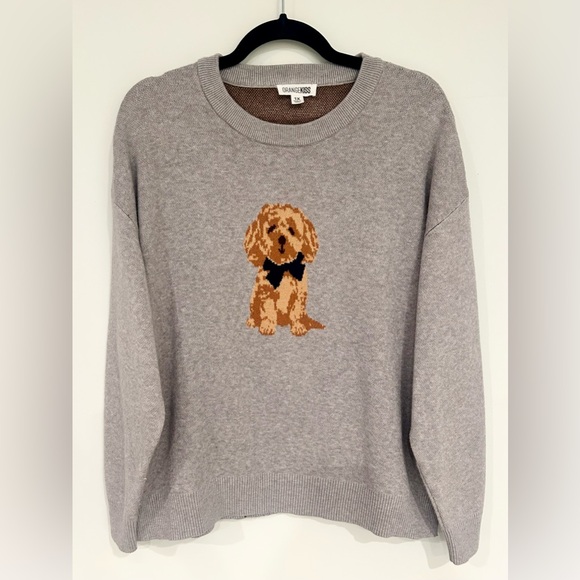 orange kiss Sweaters - Orange Kiss Women’s Gray Sweater with Golden Puppy Dog Design Size 1X